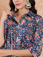 InWeave Women's Blue Green Pink Floral Print Flared Kurta Pant Set | Grocsy