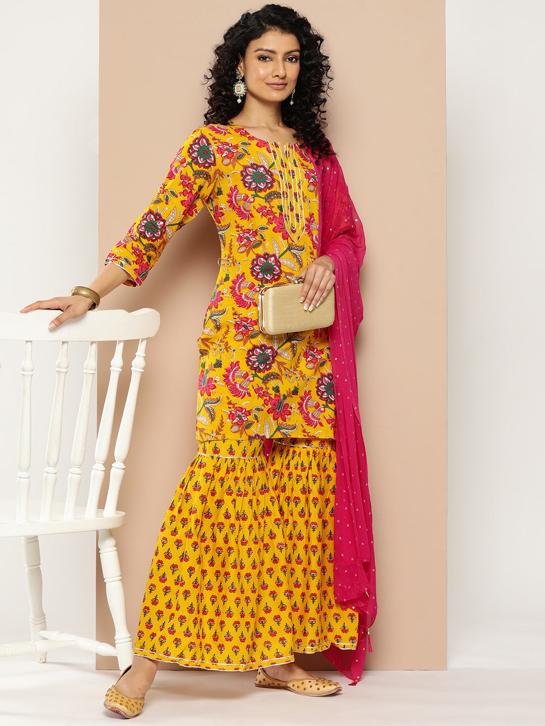 KSUT (House of Varanga) Yellow & Pink Floral Printed Kurta with Gota Work With Sharara & Dupatta | Grocsy