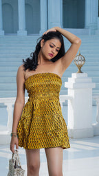 Noroke Yellow Silk Mini Tiered Dress - Printed | Grocsy