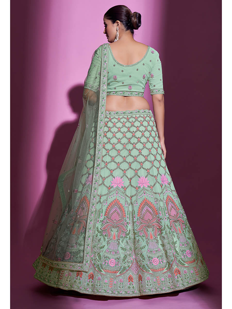 Myra Pista Green Georgette Embroidered Designer Lehenga Choli | Grocsy