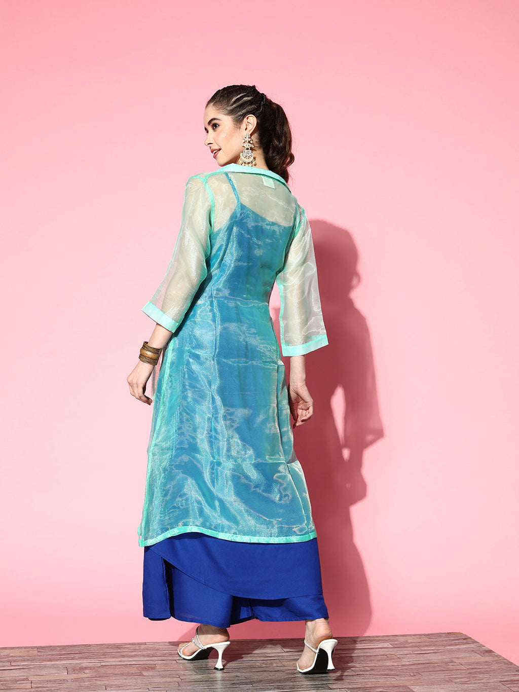 InWeave Women's Ink Blue Strappy Kurta Set With Teal Organza Cape | Grocsy