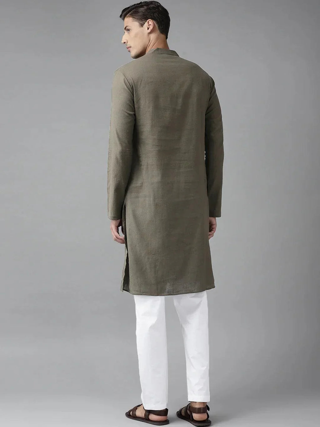 Fabmade Men Khaki Cotton Linen Kurta | Grocsy