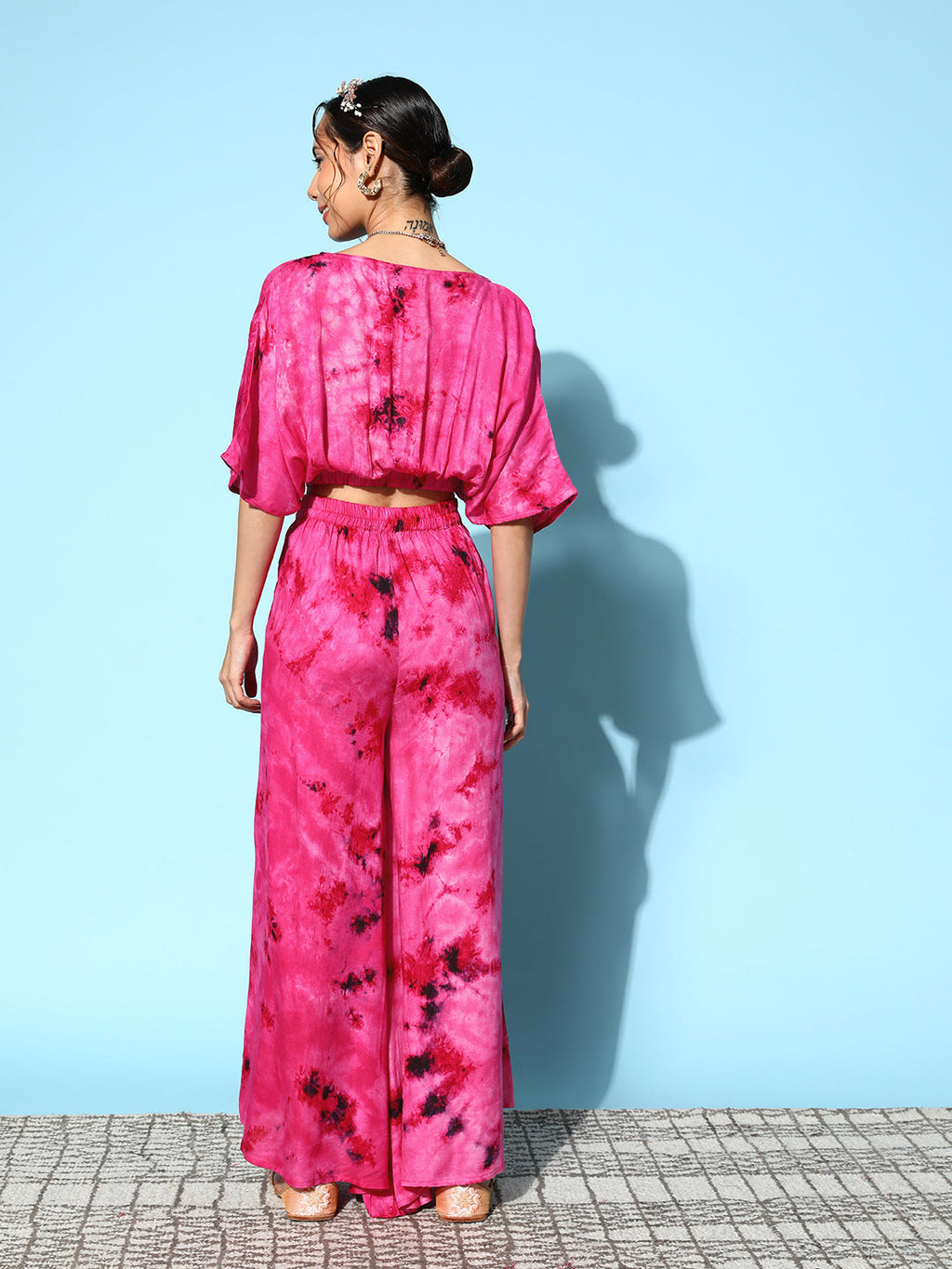 InWeave Women's Magenta Tie And Dye New Neckline Top Culottes Set | Grocsy
