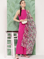 InWeave Women's Magenta Pleated Halter Kurta Palazzo Set W White Pink Or Dupatta | Grocsy