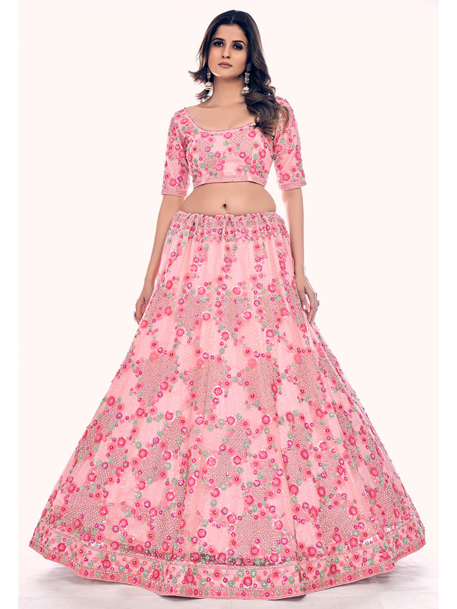 Myra Peach Soft Net Embroidered Designer Lehenga Choli | Grocsy