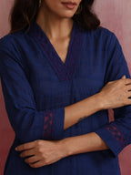 trueBrowns Dark Blue Cotton Dobby Kurta Co-ord set | Grocsy