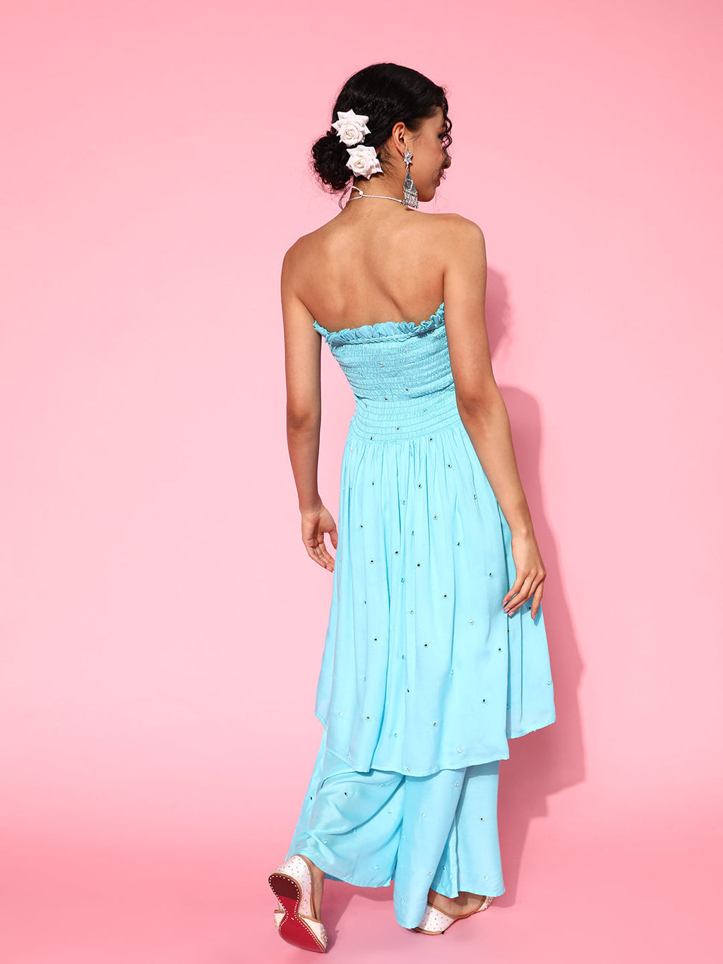 InWeave Women's Sky Blue Mirror Work Off Shoulder Kurta Set | Grocsy