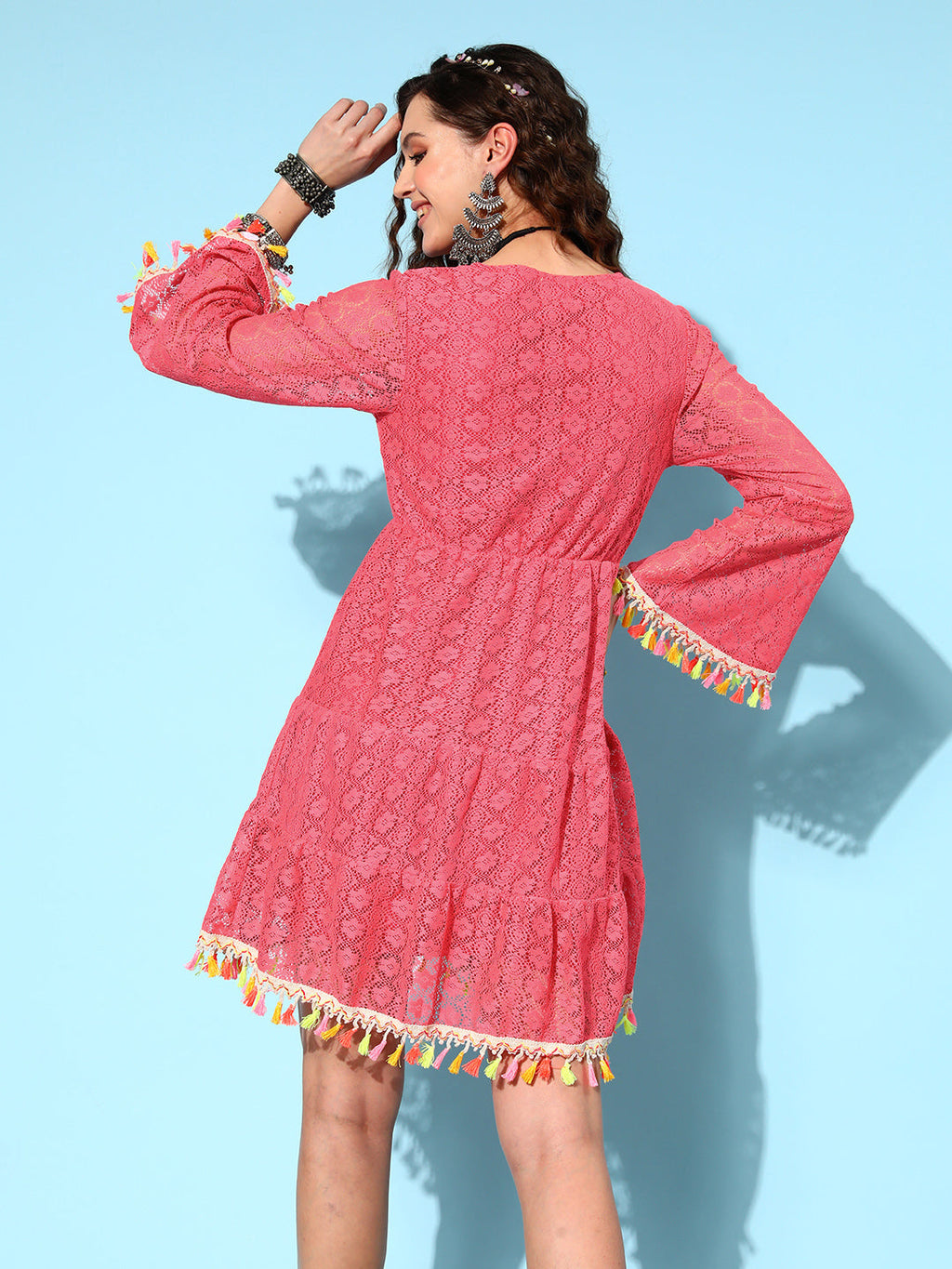 InWeave Women's Peach Lacy Dress With Tassels | Grocsy