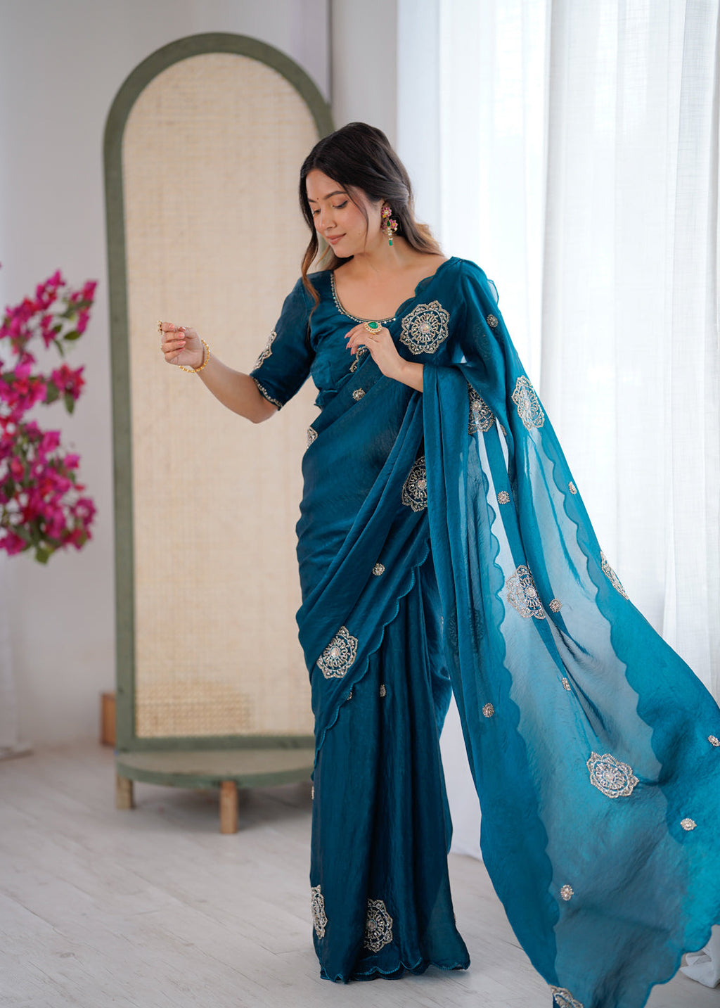 Evanik Designer Heavy Fendy Satin With Beads Embroidered Work Saree With Unstitched Blouse | Grocsy