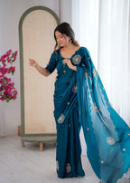 Evanik Designer Heavy Fendy Satin With Beads Embroidered Work Saree With Unstitched Blouse | Grocsy