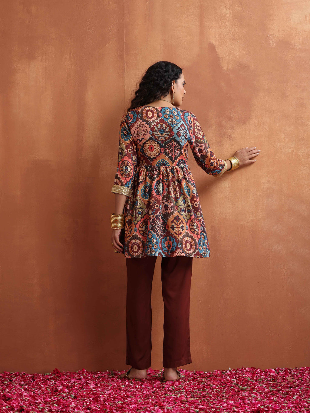 trueBrowns Brown Print Flared Co-ord Set | Grocsy