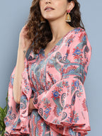 InWeave Women's Pink Floral Blue Bell Sleeve Dress | Grocsy