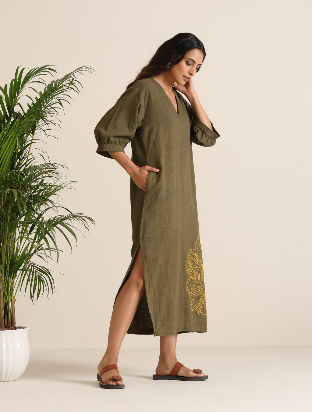 trueBrowns Olive Cotton Embroidered Dress | Grocsy