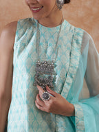 InWeave Women's Powder Blue Jacquard Halter Kurta Set W Powder Blue Or Dupatta | Grocsy