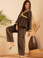 InWeave Women's Brown Mughal Shaan Style Velvet Short Kurta Set | Grocsy