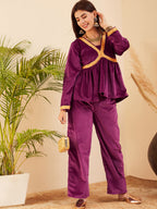 InWeave Women's Wine Mughal Shaan Style Velvet Short Kurta Set | Grocsy