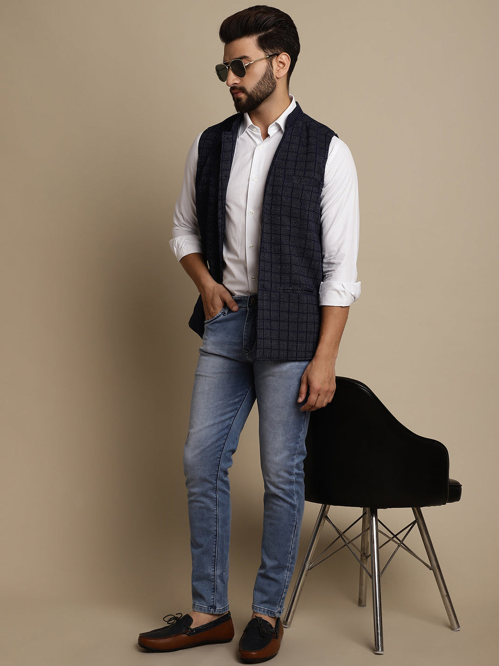Even Apparels Men's Blue Mandarin Collar Waistcoat | Grocsy