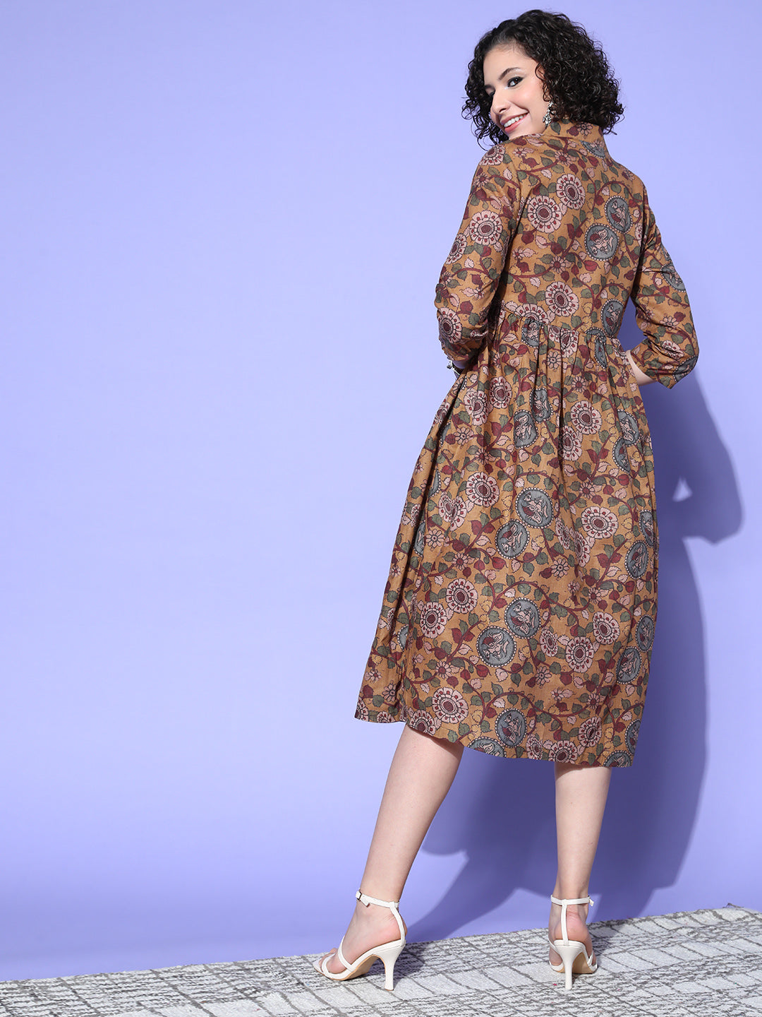 InWeave Women's Ochre Mustard Kalamkari Print Dress | Grocsy