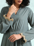 trueBrowns Grey Velvet Lace Kurta Pant Set | Grocsy