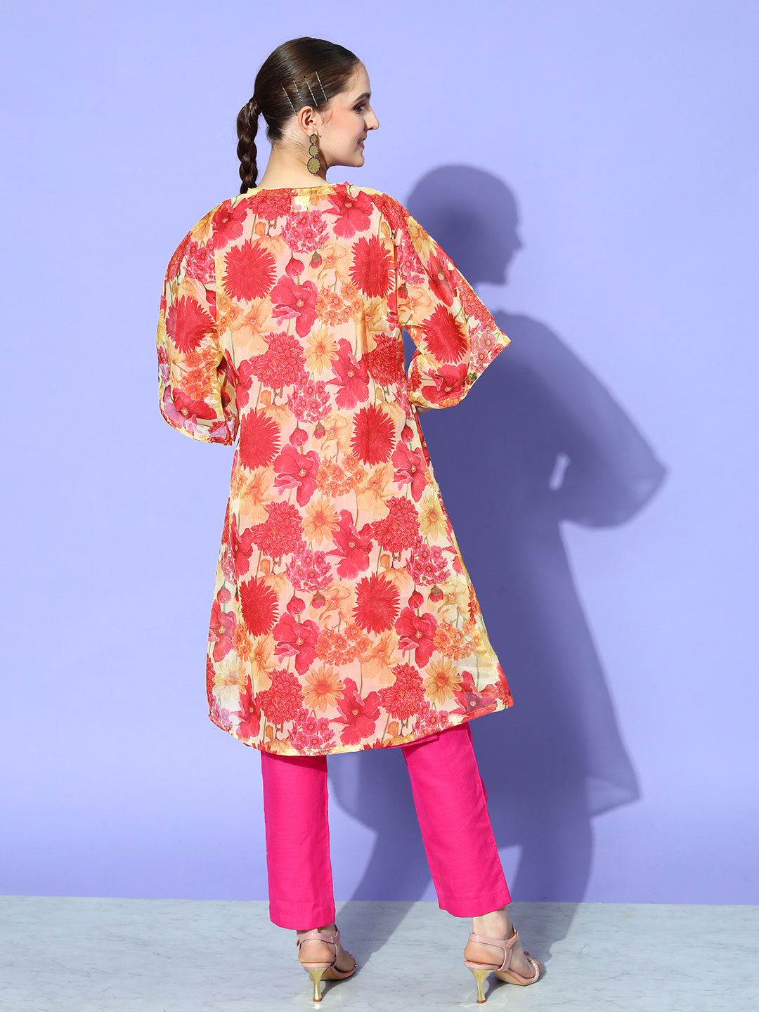 InWeave Women's Red Mustard Chintz Long Organza Cape | Grocsy
