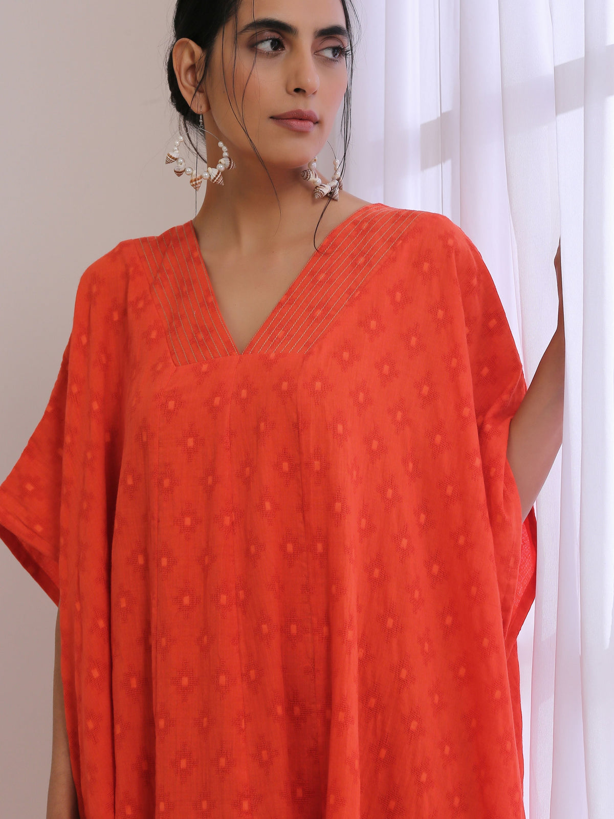 trueBrowns Orange Dobby Panel Kaftan Dress | Grocsy