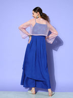 InWeave Women's Ink Blue Strappy Set With Pink Chintz Print Short Organza Cape | Grocsy