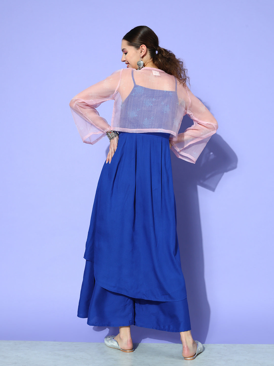 InWeave Women's Ink Blue Strappy Set With Pink Chintz Print Short Organza Cape | Grocsy