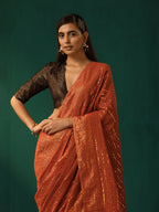 trueBrowns Rust Cotton Gold Lurex Striped Ready to Wear Saree | Grocsy