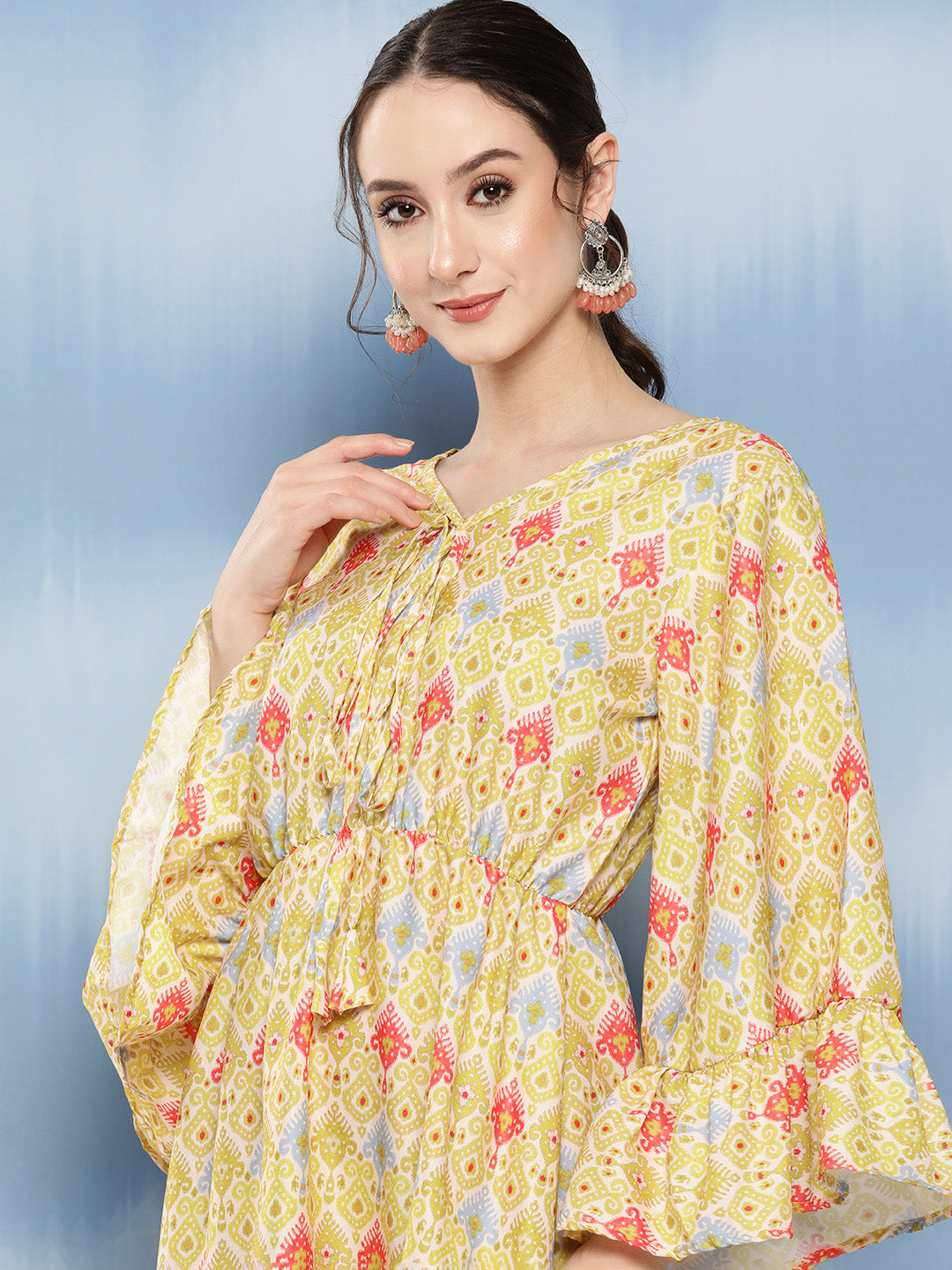 InWeave Women's Yellow Orange Ikkat Print Short Dress | Grocsy