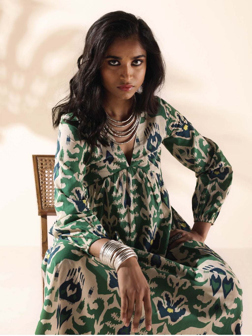 trueBrowns Green Cotton Ikat Flared Dress | Grocsy