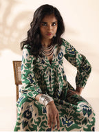 trueBrowns Green Cotton Ikat Flared Dress | Grocsy