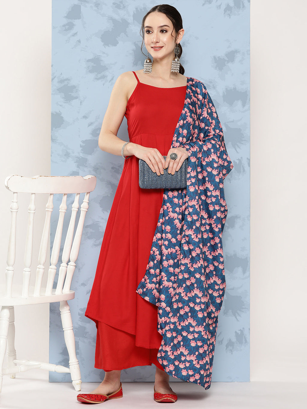 InWeave Women's Red Strappy Set W Navy Pink Lotus Cr Duptta | Grocsy