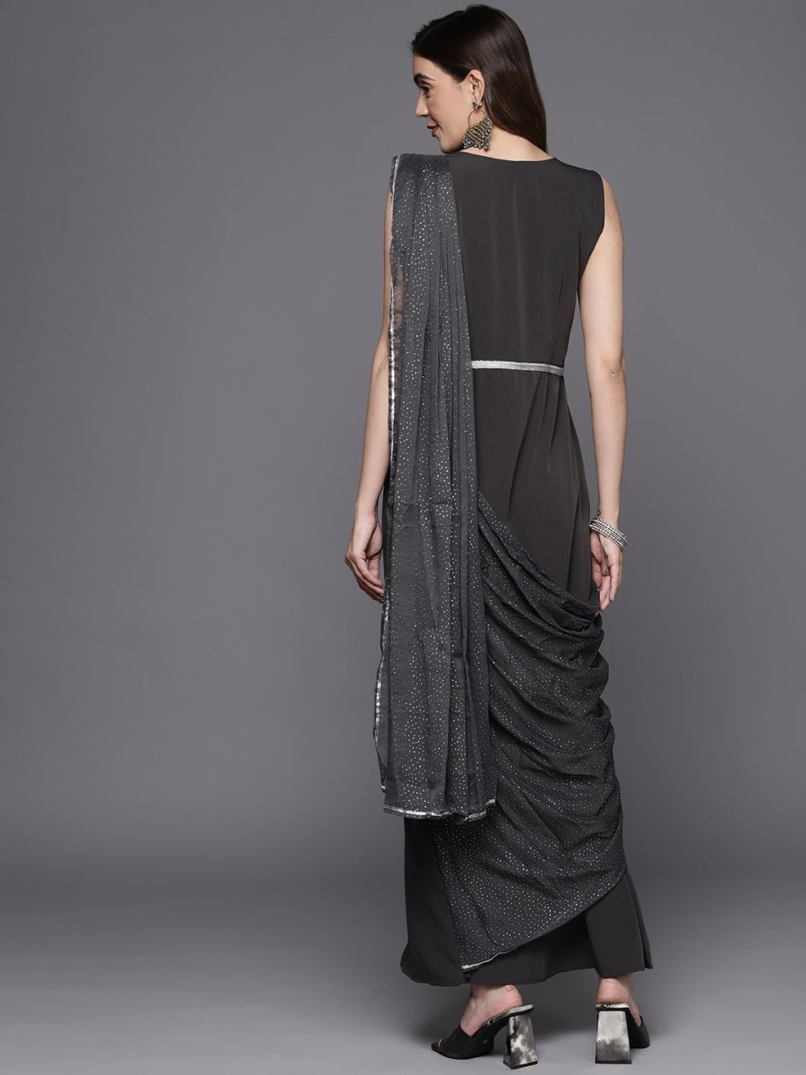 Ahalyaa Abstract Print Layered Crepe Ethnic Dress | Grocsy
