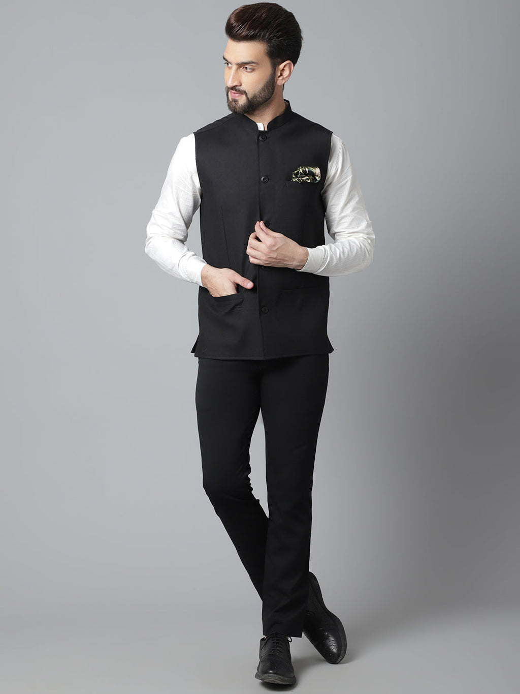 Even Apparels Men's Black Nehru Jacket With Welt Pockets | Grocsy