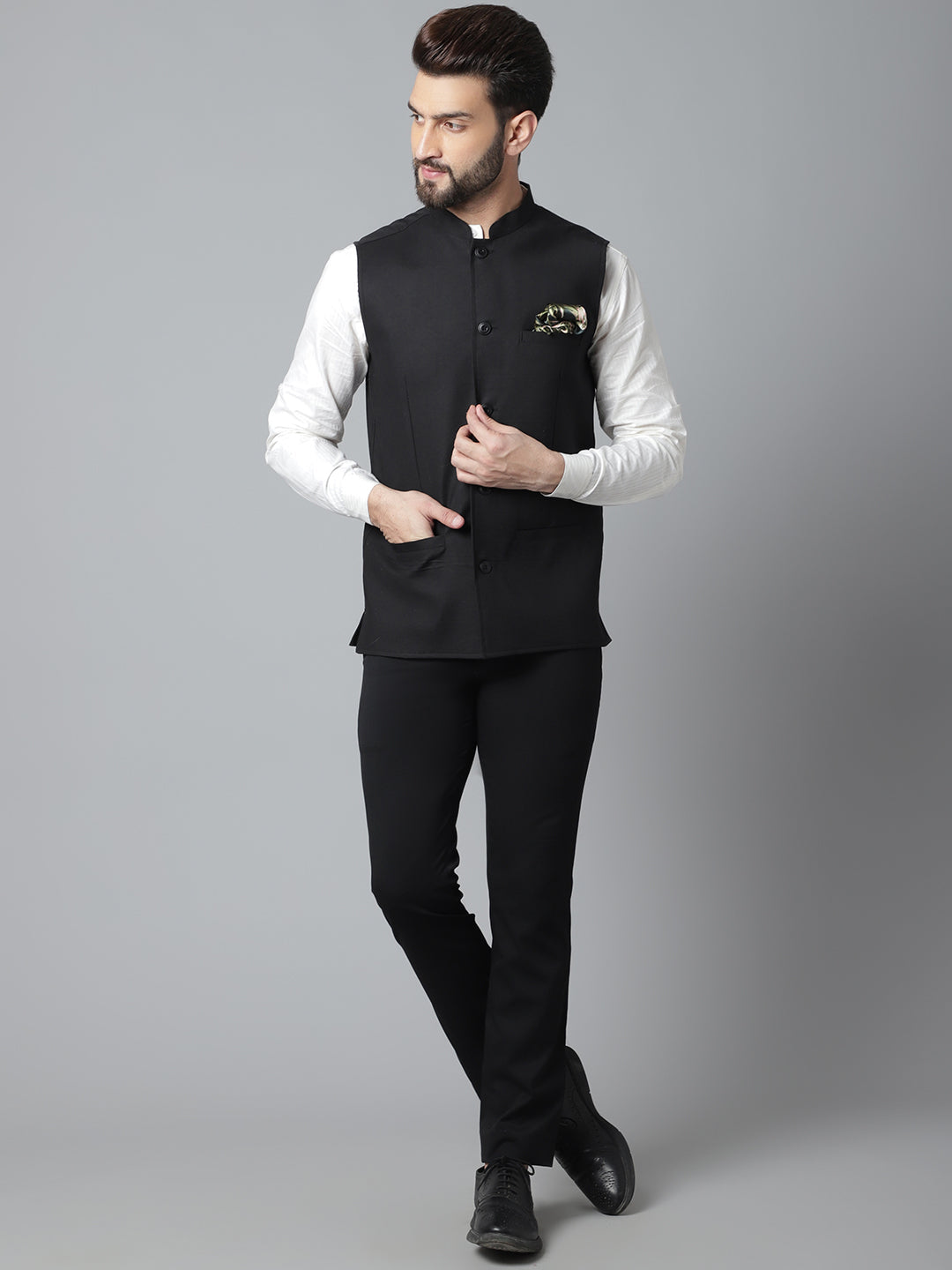 Even Apparels Men's Black Nehru Jacket With Welt Pockets | Grocsy