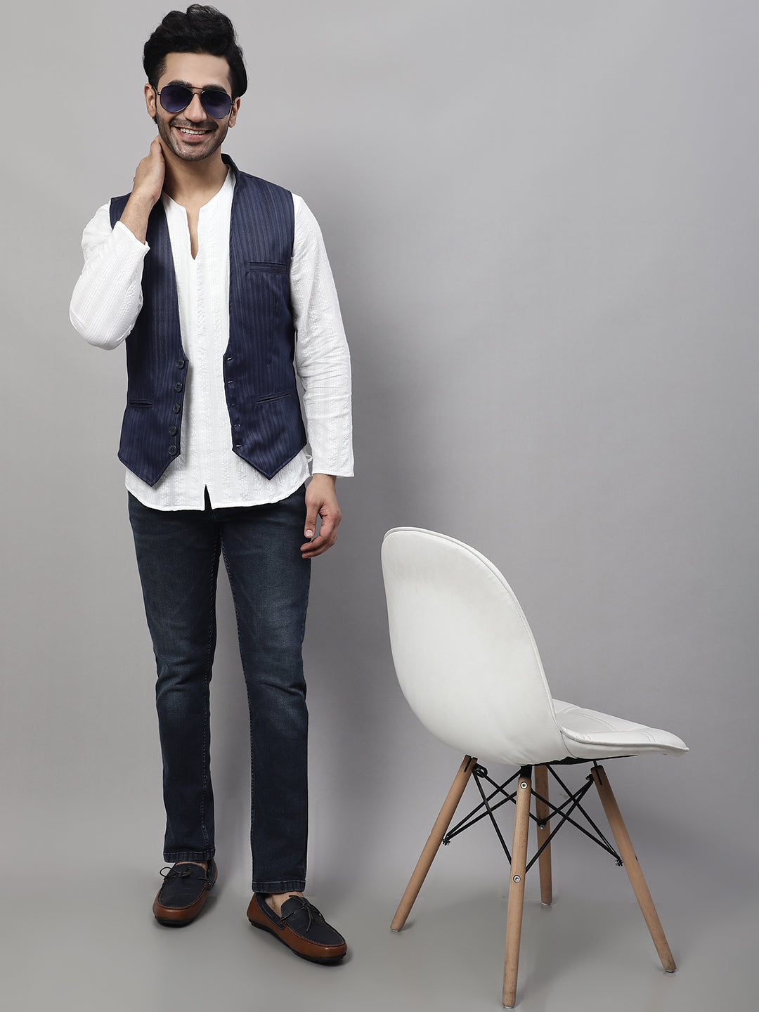 Even Apparels Men's Blue Nehru Jacket With Welt Pockets | Grocsy