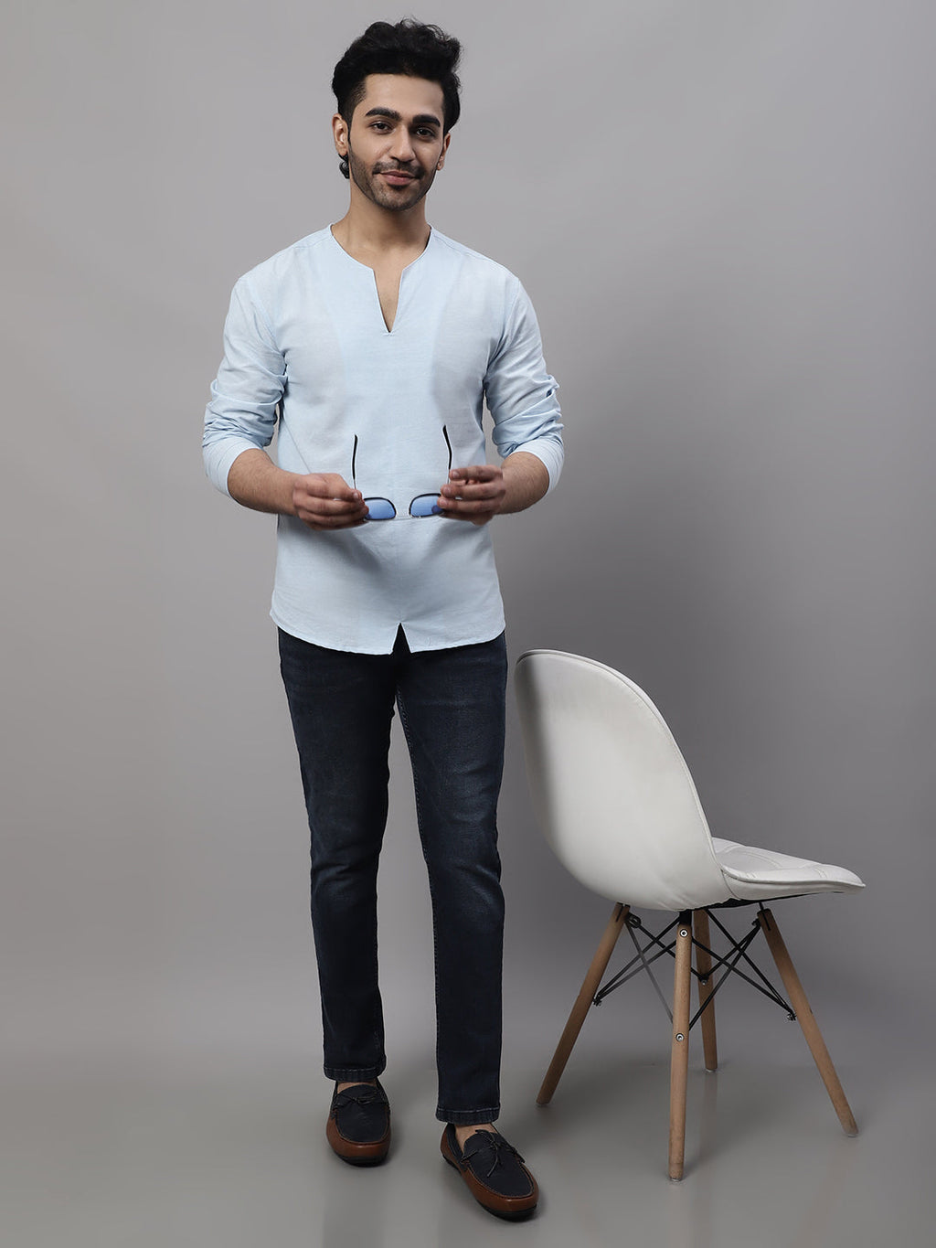 Even Apparels Blue Pure Cotton Open Neck Kurta | Grocsy