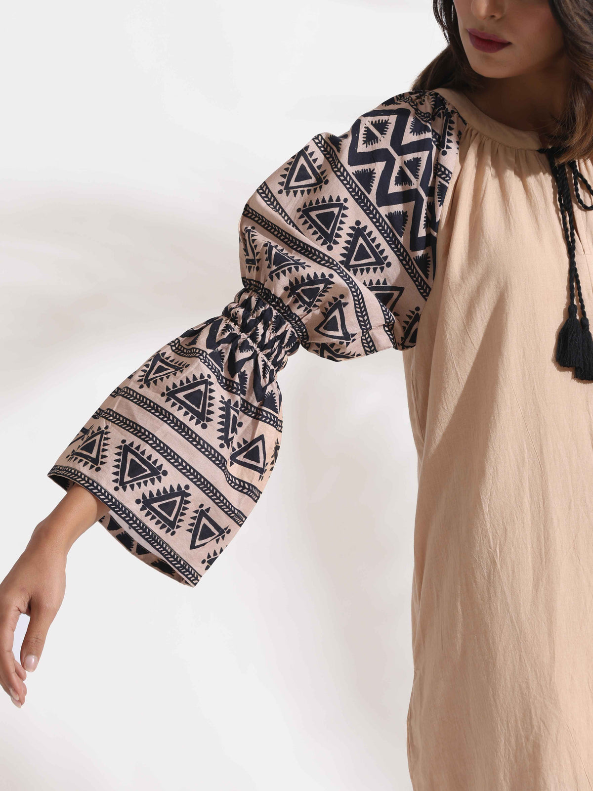 trueBrowns Beige Cotton Print Long Dress | Grocsy