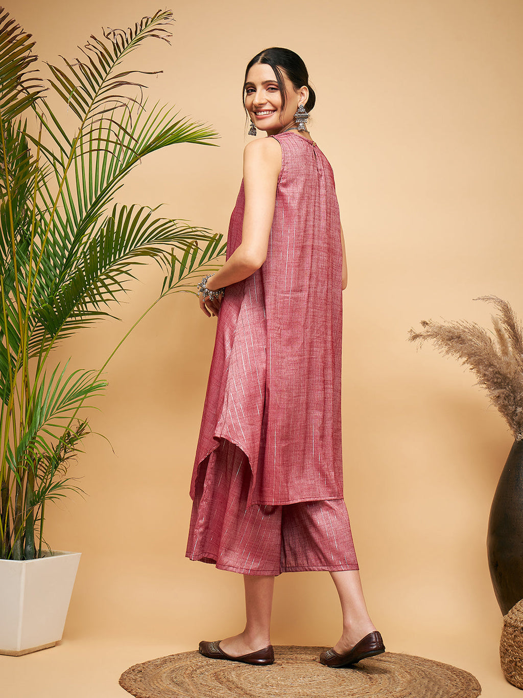 InWeave Women's Wine Lurex Short Pallazo Kurta Set | Grocsy