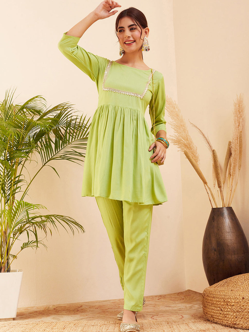 InWeave Women's Pear Green Round Neck Square Gota Work Kurta Pant Set | Grocsy
