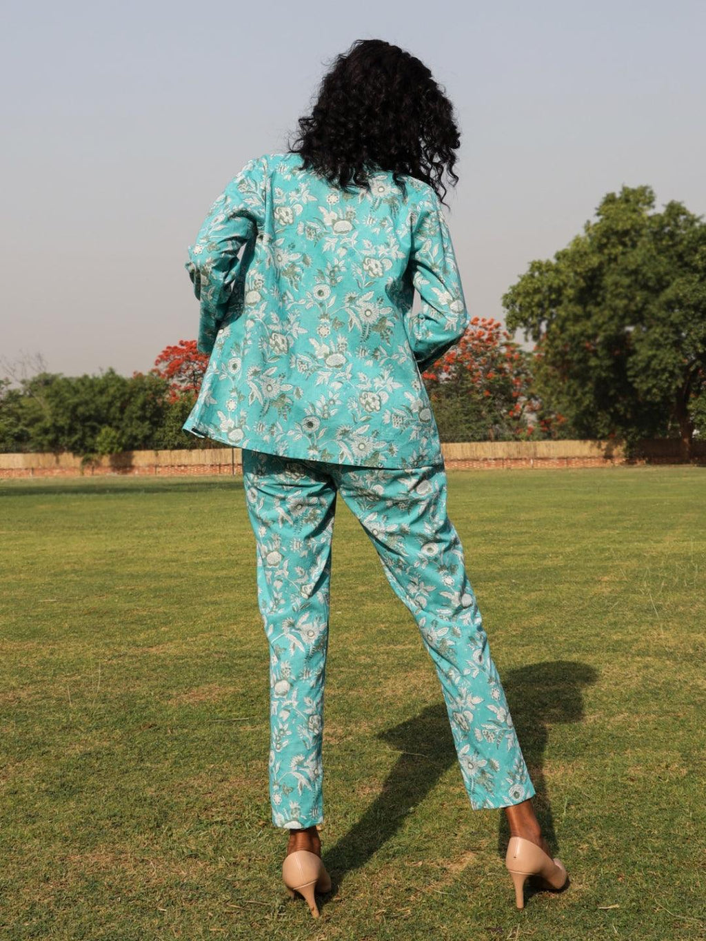 trueBrowns Turquoise Cotton Block Print Pant Suit Set | Grocsy