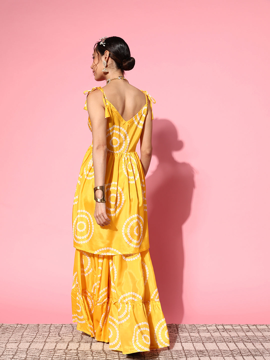 InWeave Women's Yellow Bandhani Motif Shoulder Tie Up Kurta Set | Grocsy