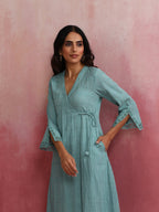 trueBrowns Aqua Blue Cotton Dobby Angrakha Kurta Set | Grocsy