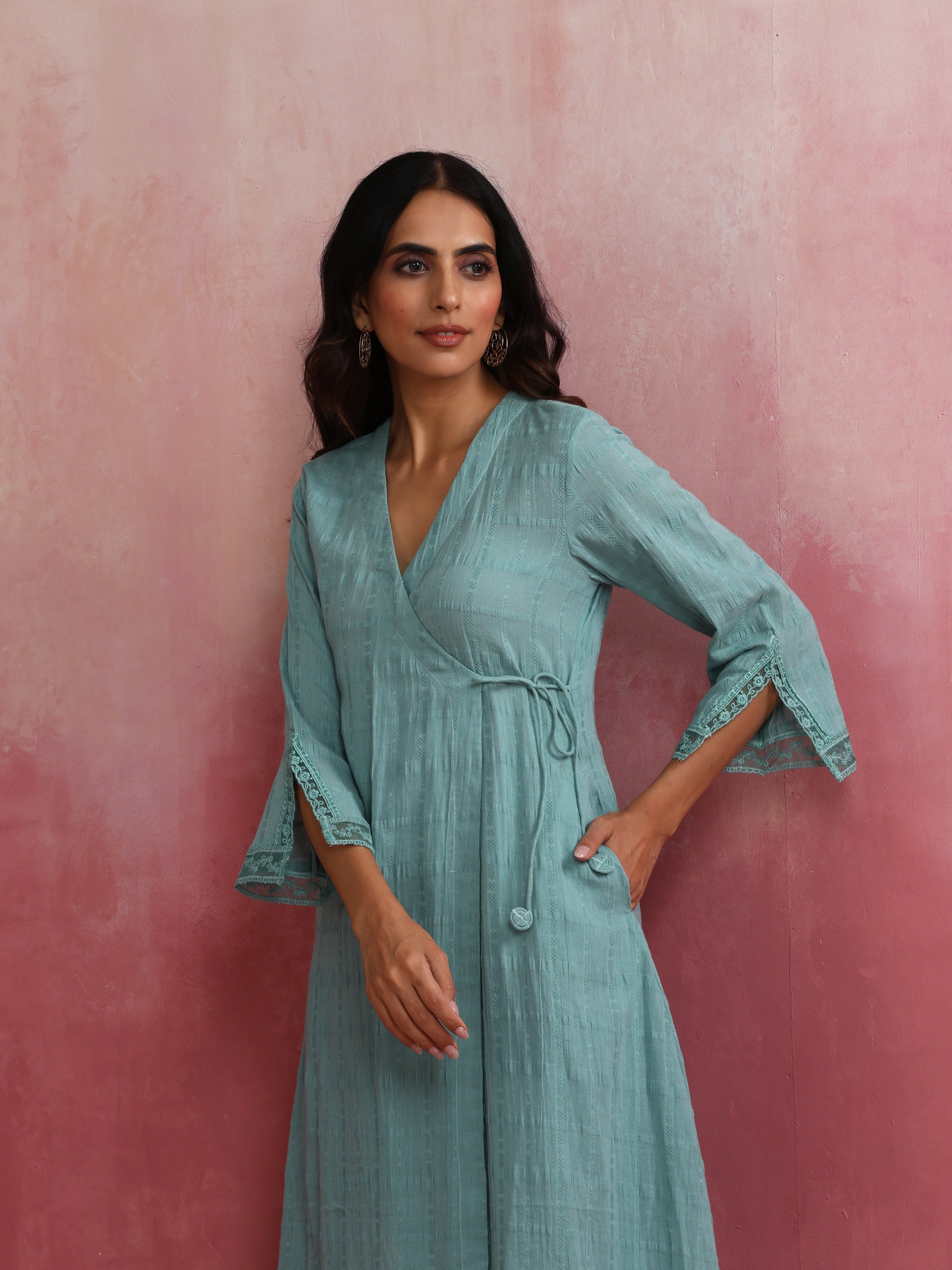 trueBrowns Aqua Blue Cotton Dobby Angrakha Kurta Set | Grocsy