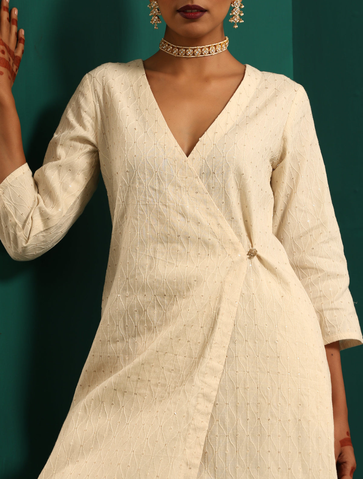 trueBrowns Ivory Tonal Cotton Angrakha Kurta Pant Set | Grocsy