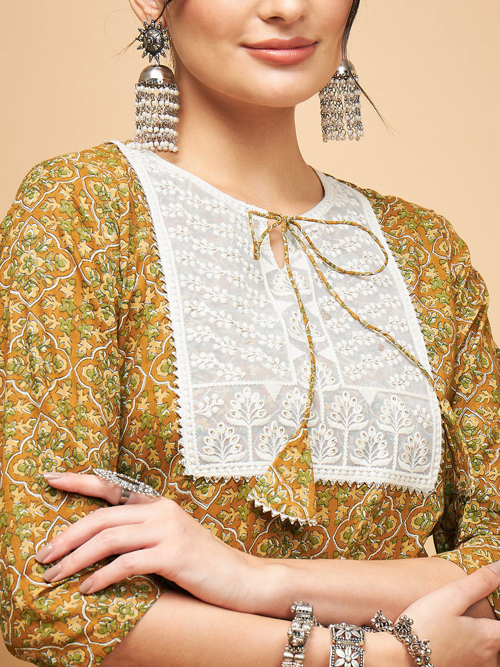 InWeave Women's Olive Ajrakh Print Cotton Patch Work Straight Kurta | Grocsy