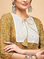 InWeave Women's Olive Ajrakh Print Cotton Patch Work Straight Kurta | Grocsy