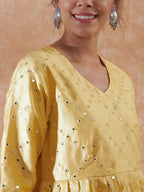 InWeave Women's Light Yellow Mirror Work Long Anarkali Kurta | Grocsy