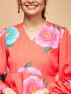 InWeave Women's Dark Orange Pink Blue Flower Belted Dress | Grocsy