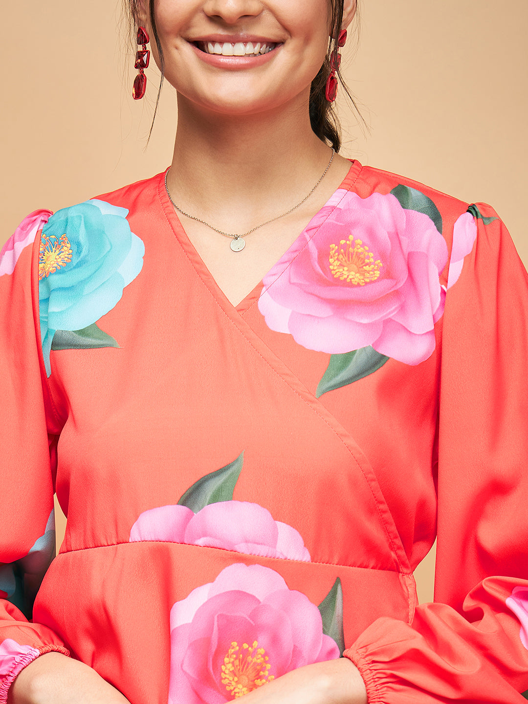 InWeave Women's Dark Orange Pink Blue Flower Belted Dress | Grocsy